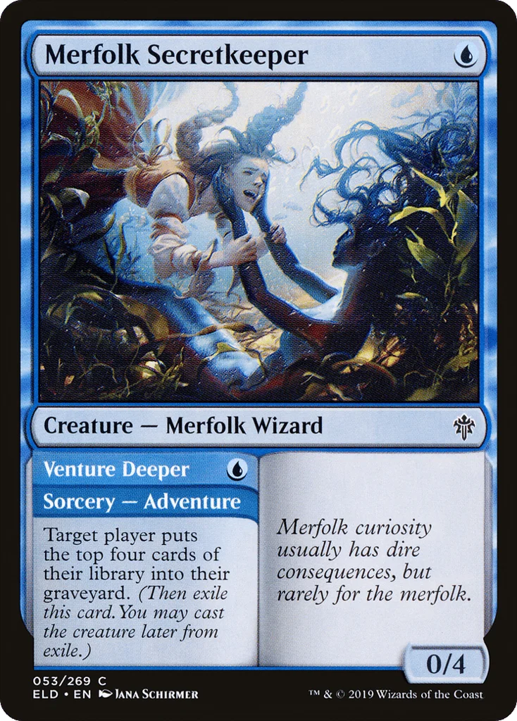Merfolk Secretkeeper // Venture Deeper · Throne of Eldraine