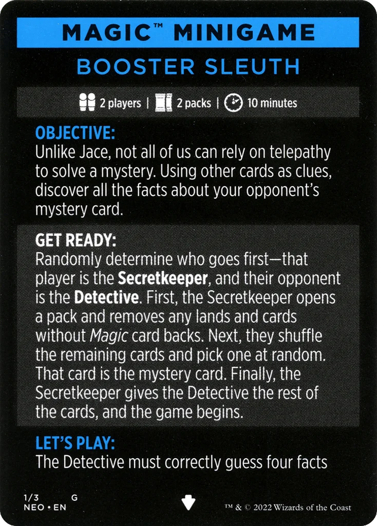 Booster Sleuth // Booster Sleuth (cont'd) · Kamigawa: Neon Dynasty Minigames