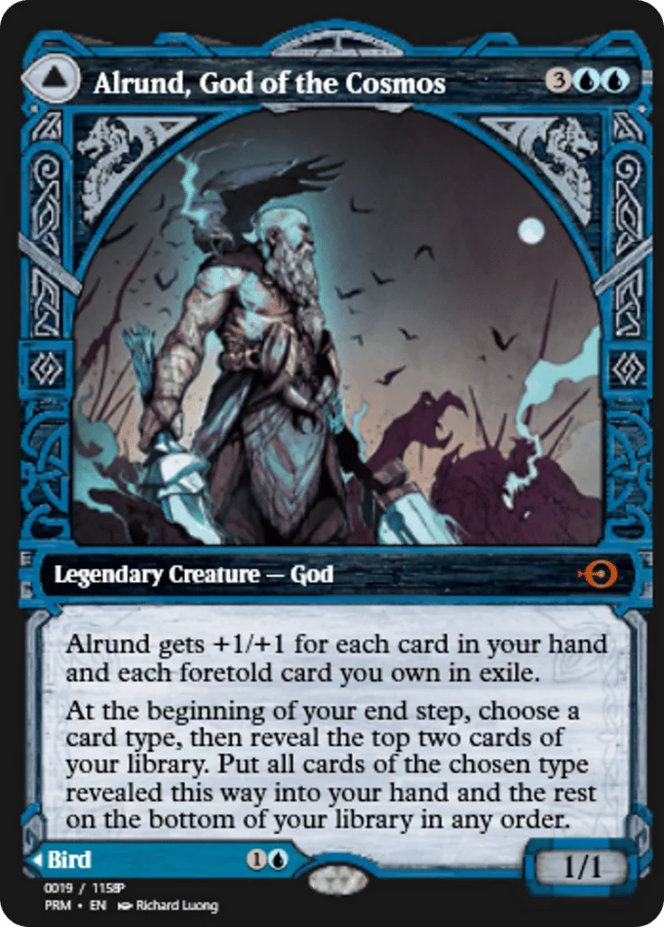Alrund, God of the Cosmos // Hakka, Whispering Raven · Magic Online Promos
